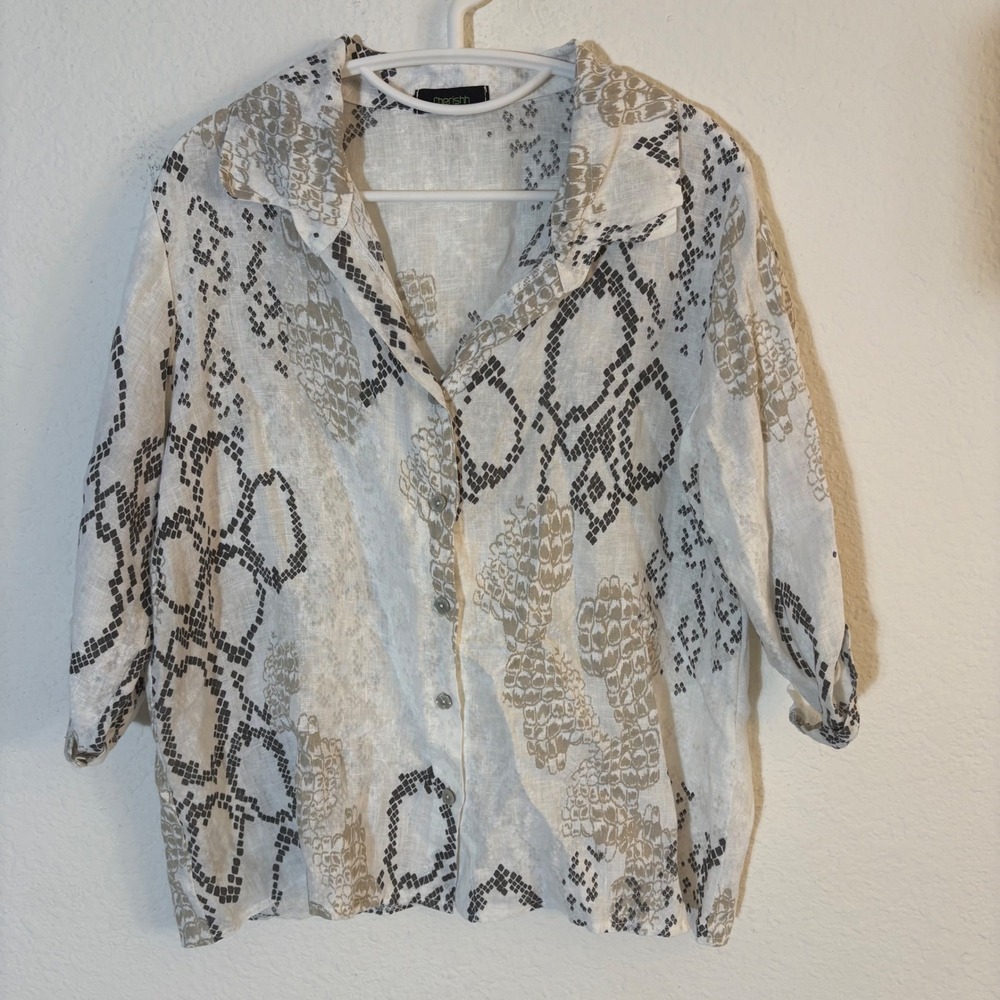 Cherishh Linen Snake Print Button Down Shirt Women L/XL White Grey Tan